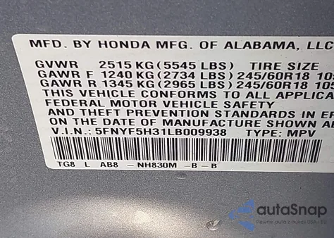 2020 Honda Pilot 2Wd Ex from USA, damaged, VIN 5FNYF5H31LB009938